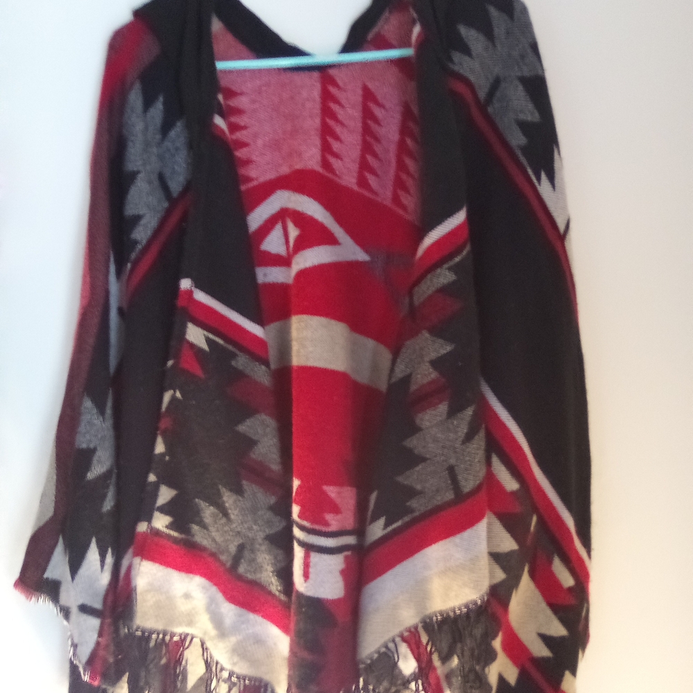 Chic Tribal Hoodie Poncho Sweater - Red, Black, and Gray